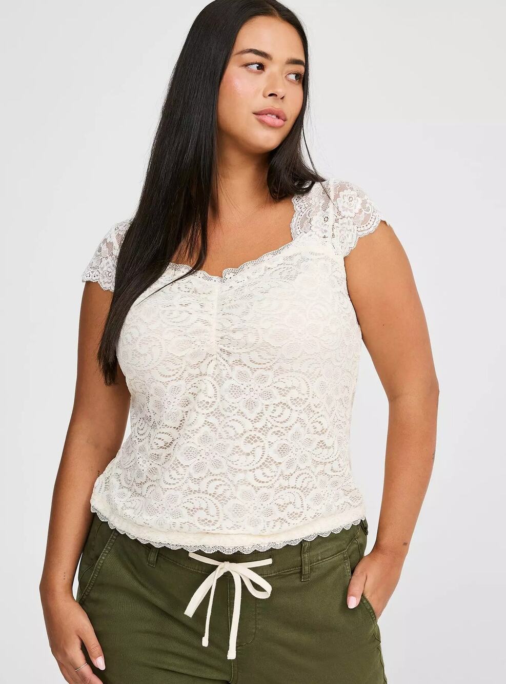 NEW Torrid Dew Cream Stretch Lace Sweetheart Cinched Front Cap Sleeves Top 1X